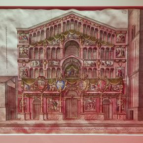 Depiction of the fa&ccedil;ade of Parma Cathedral. Watercolour engraving.