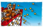 La battaglia delle arance del Carnevale di Ivrea. Disegno a colori per rubrica Gazzetta dei Piccoli della Gazzetta di Parma