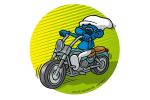 Puffo easy rider (motociclista). Disegno a colori per rubrica Gazzetta dei Piccoli della Gazzetta di Parma